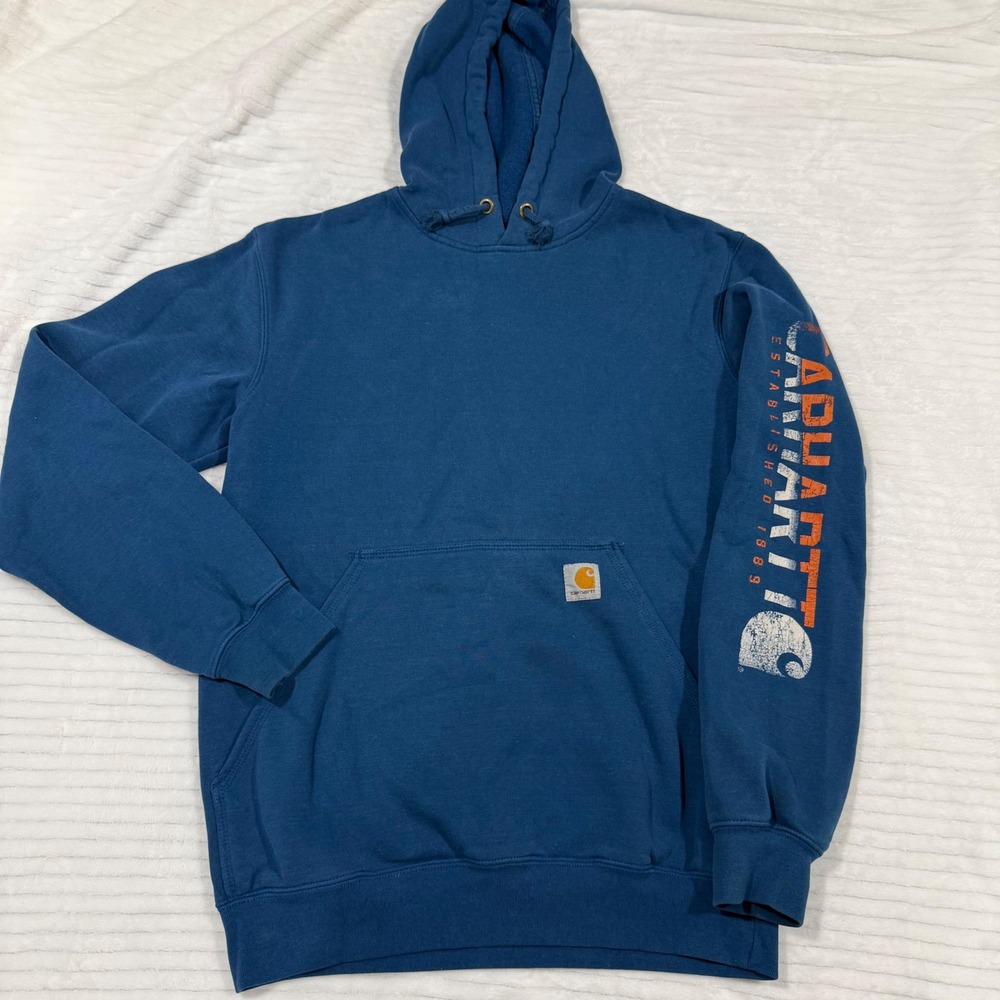 Carhartt Blue Logo Graphic Sleeve Hoodie Original Fit Small Pullover